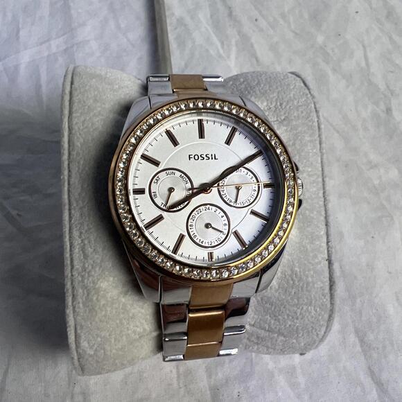 FOSSIL Janice Silver/Rose Gold Womens Watch BQ3420 Crystal Bezel New Battery - Picture 1 of 11